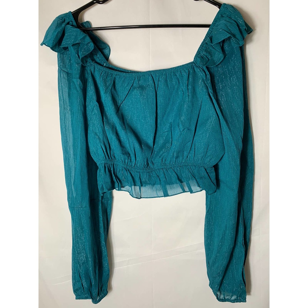 NWT HYFVE Teal Sparkle Long Sleeve Off-Shoulder Crop Top Sz S